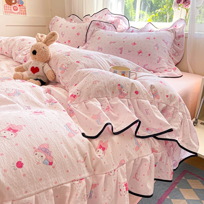 91家纺网 家纺一手货源 找家纺 海岛哥哥 2025新款韩式ins风黑边花边木棉双层纱四件套（有买家秀） 黑花边-顽皮乐乐