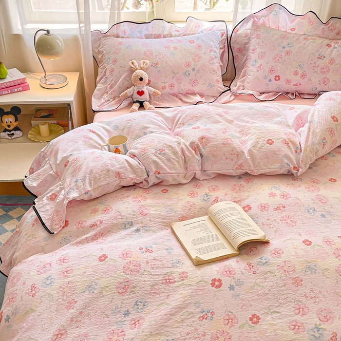 91家纺网 家纺一手货源 找家纺 海岛哥哥 2025新款韩式ins风黑边花边木棉双层纱四件套（有买家秀） 黑花边-花梦源-粉