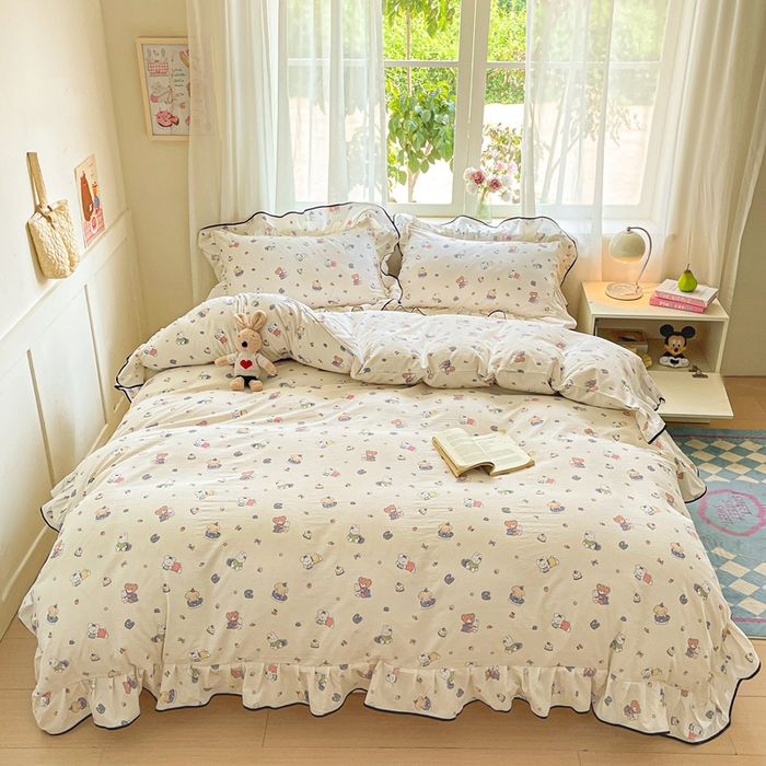 91家纺网 家纺一手货源 找家纺 海岛哥哥 2025新款韩式ins风黑边花边木棉双层纱四件套（有买家秀） 黑花边-海盐宝宝