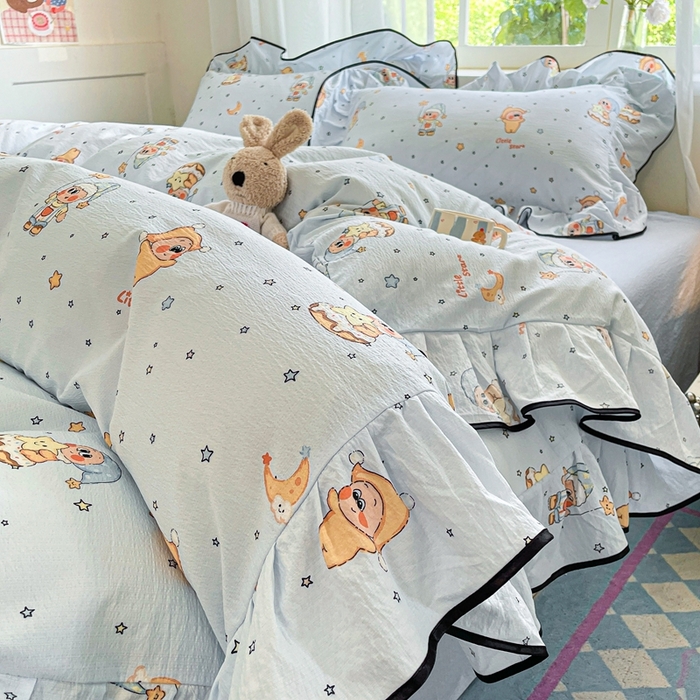 91家纺网 家纺一手货源 找家纺 海岛哥哥 2025新款韩式ins风黑边花边木棉双层纱四件套（有买家秀） 黑花边-萌萌星星人-蓝