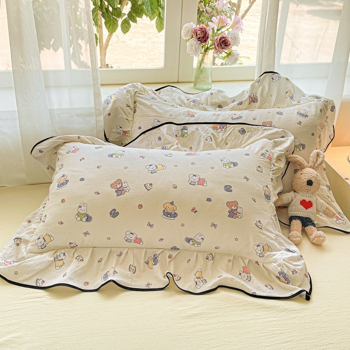 91家纺网 家纺一手货源 找家纺 海岛哥哥 2025新款韩式ins风黑边花边木棉双层纱四件套（有买家秀） 黑花边-海盐宝宝