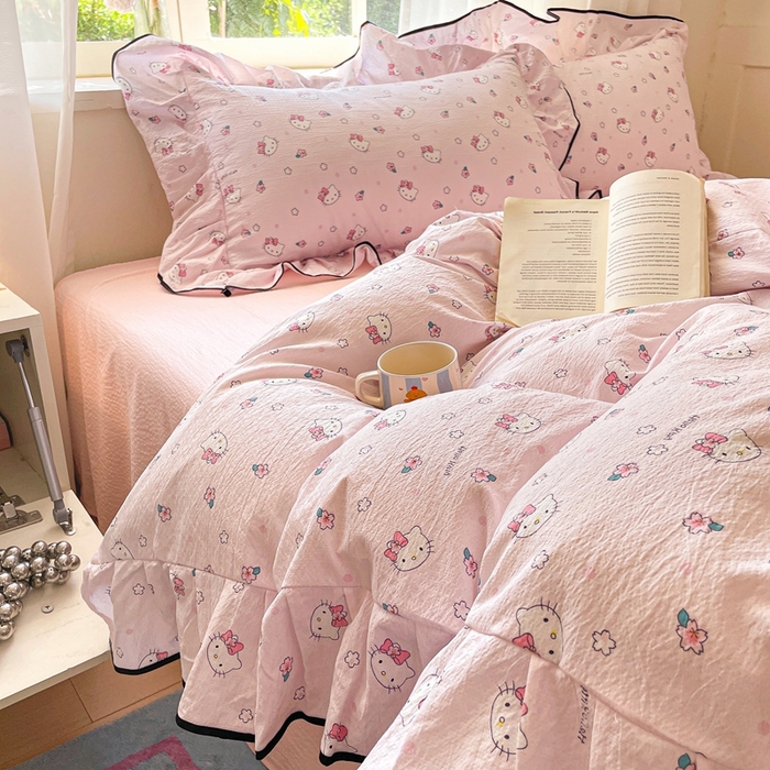 91家纺网 家纺一手货源 找家纺 海岛哥哥 2025新款韩式ins风黑边花边木棉双层纱四件套（有买家秀） 黑花边-粉樱凯蒂