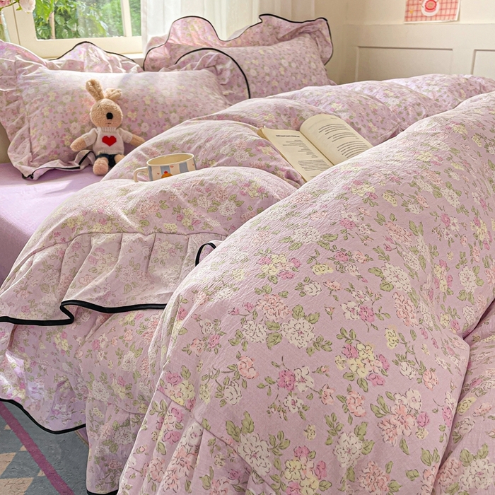 91家纺网 家纺一手货源 找家纺 海岛哥哥 2025新款韩式ins风黑边花边木棉双层纱四件套（有买家秀） 黑花边-芍药-紫