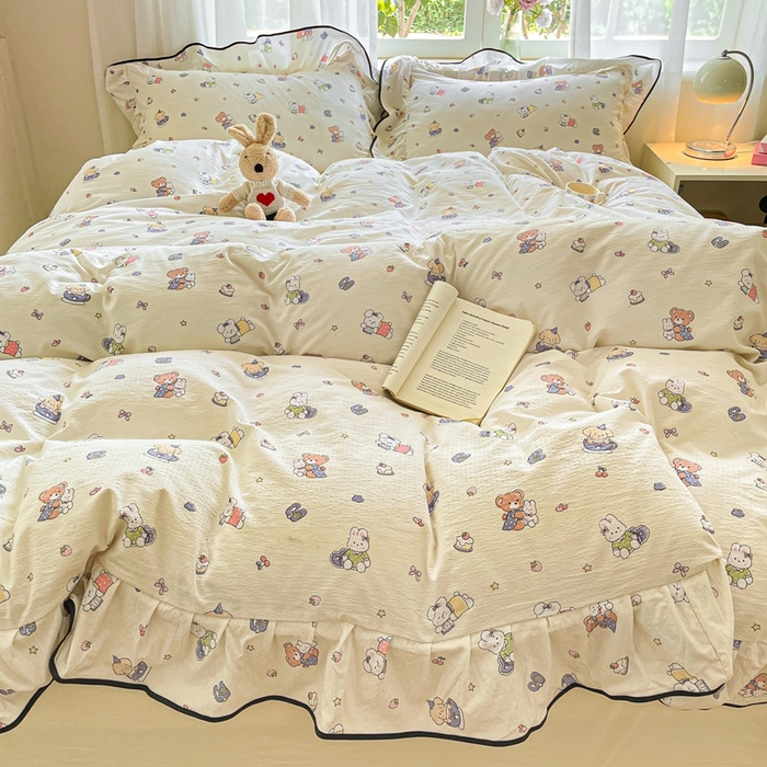 91家纺网 家纺一手货源 找家纺 海岛哥哥 2025新款韩式ins风黑边花边木棉双层纱四件套（有买家秀） 黑花边-海盐宝宝