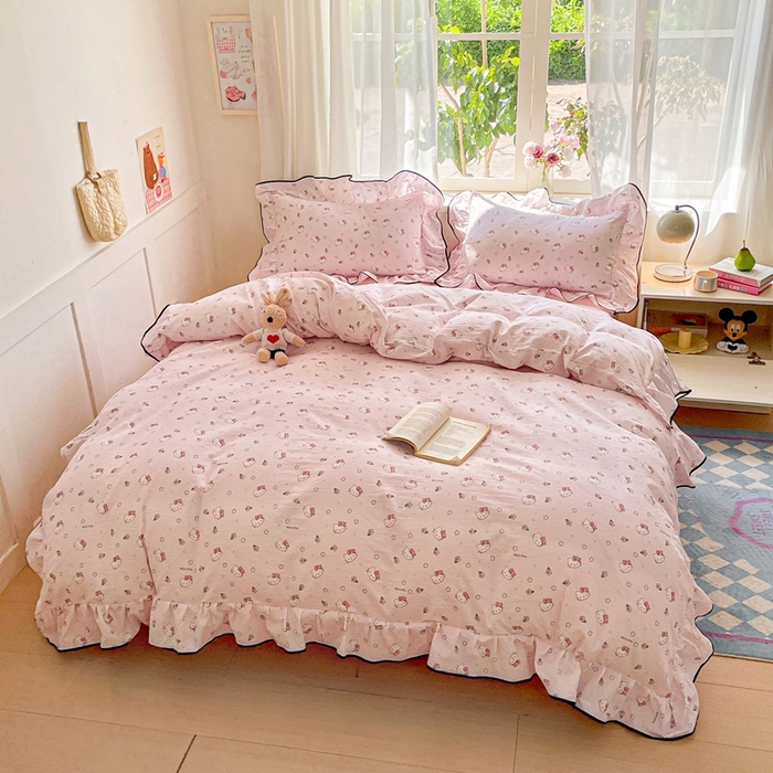 91家纺网 家纺一手货源 找家纺 海岛哥哥 2025新款韩式ins风黑边花边木棉双层纱四件套（有买家秀） 黑花边-粉樱凯蒂