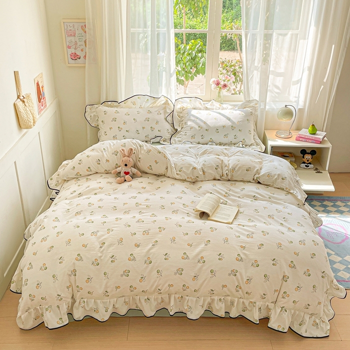 91家纺网 家纺一手货源 找家纺 海岛哥哥 2025新款韩式ins风黑边花边木棉双层纱四件套（有买家秀） 黑花边-盛夏果实