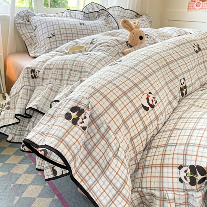 海岛哥哥 2025新款韩式ins风黑边花边木棉双层纱四件套（有买家秀） 黑花边-熊猫哒哒