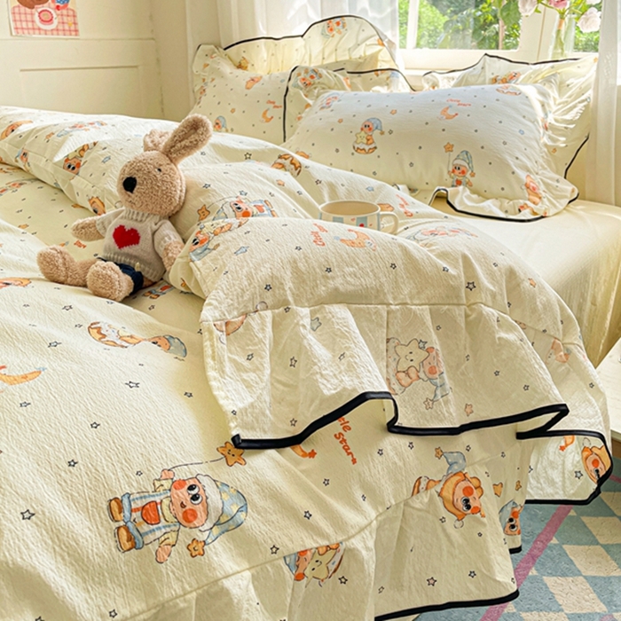 91家纺网 家纺一手货源 找家纺 海岛哥哥 2025新款韩式ins风黑边花边木棉双层纱四件套（有买家秀） 黑花边-萌萌星星人-黄