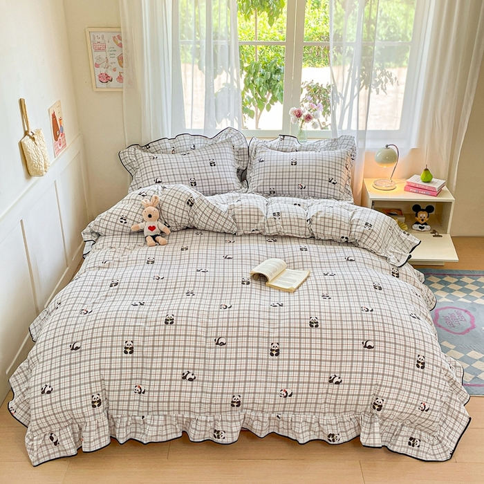 91家纺网 家纺一手货源 找家纺 海岛哥哥 2025新款韩式ins风黑边花边木棉双层纱四件套（有买家秀） 黑花边-熊猫哒哒