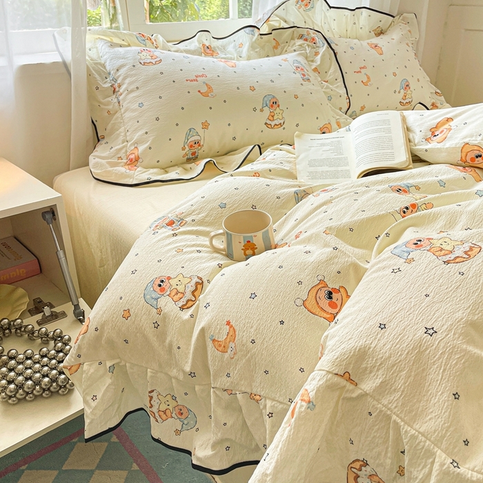 91家纺网 家纺一手货源 找家纺 海岛哥哥 2025新款韩式ins风黑边花边木棉双层纱四件套（有买家秀） 黑花边-萌萌星星人-黄