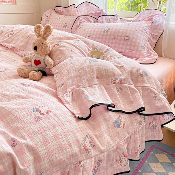 91家纺网 家纺一手货源 找家纺 海岛哥哥 2025新款韩式ins风黑边花边木棉双层纱四件套（有买家秀） 黑花边-甜蜜电话-粉