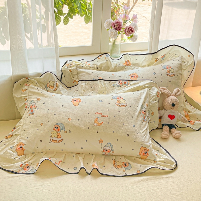 91家纺网 家纺一手货源 找家纺 海岛哥哥 2025新款韩式ins风黑边花边木棉双层纱四件套（有买家秀） 黑花边-萌萌星星人-黄