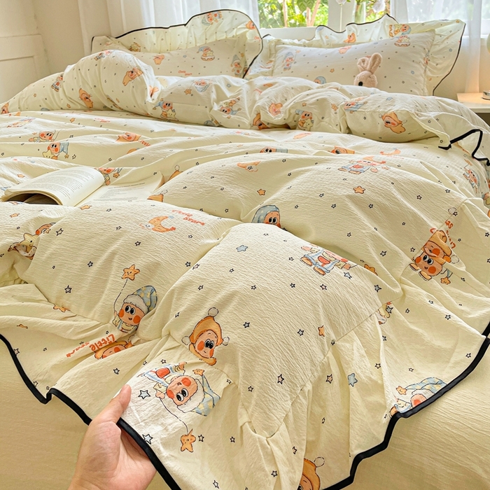 91家纺网 家纺一手货源 找家纺 海岛哥哥 2025新款韩式ins风黑边花边木棉双层纱四件套（有买家秀） 黑花边-萌萌星星人-黄