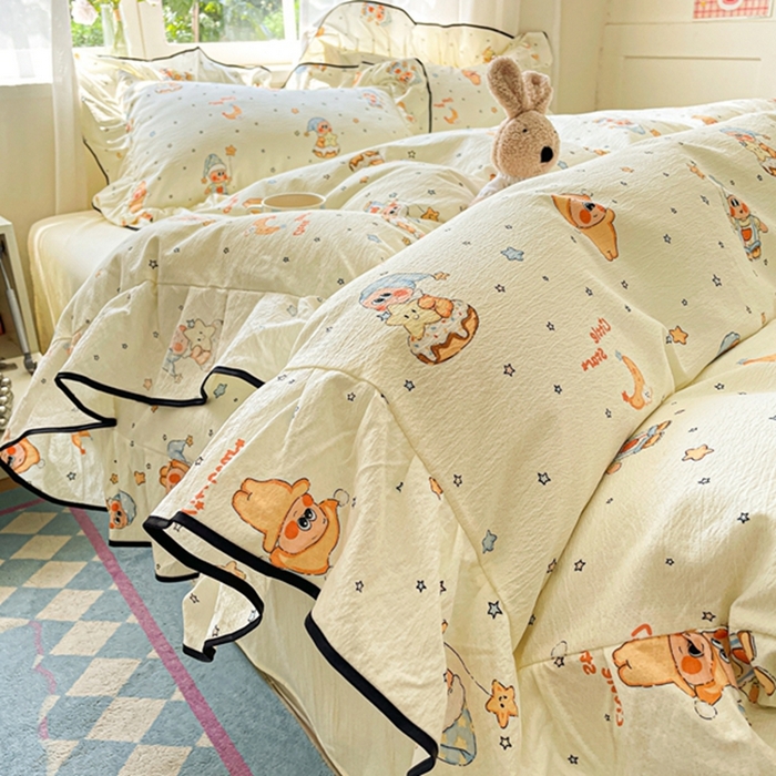 海岛哥哥 2025新款韩式ins风黑边花边木棉双层纱四件套（有买家秀） 黑花边-萌萌星星人-黄