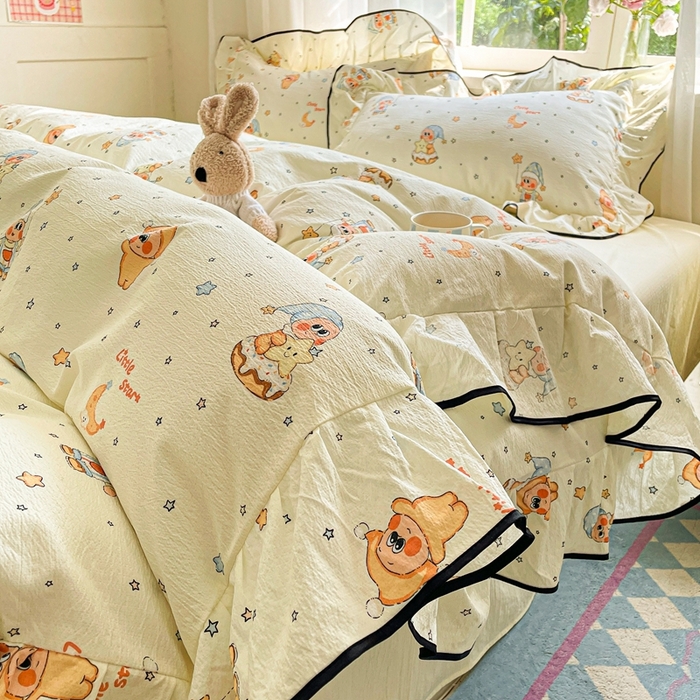 91家纺网 家纺一手货源 找家纺 海岛哥哥 2025新款韩式ins风黑边花边木棉双层纱四件套（有买家秀） 黑花边-萌萌星星人-黄