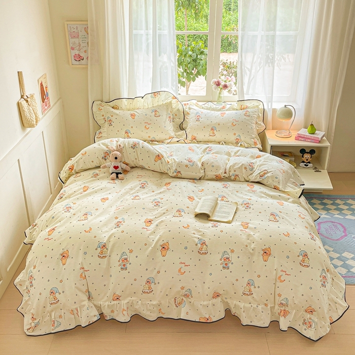 91家纺网 家纺一手货源 找家纺 海岛哥哥 2025新款韩式ins风黑边花边木棉双层纱四件套（有买家秀） 黑花边-萌萌星星人-黄