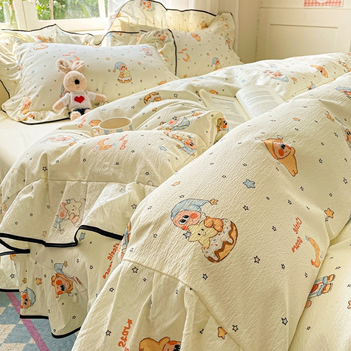 91家纺网 家纺一手货源 找家纺 海岛哥哥 2025新款韩式ins风黑边花边木棉双层纱四件套（有买家秀） 黑花边-萌萌星星人-黄