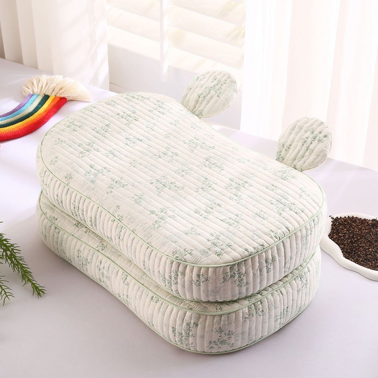 梵希良品家纺 2025新款米奇耳朵全棉双层纱枕头枕芯可拆洗可替换内胆荞麦壳枕头枕芯 春风里绿