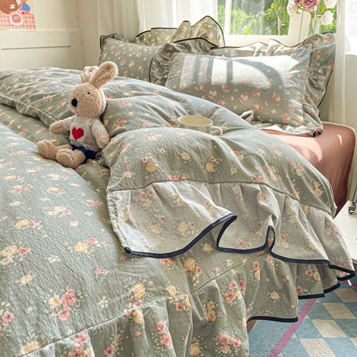 91家纺网 家纺一手货源 找家纺 海岛哥哥 2025新款韩式ins风黑边花边木棉双层纱四件套（有买家秀） 黑花边-玫瑰花海-墨绿