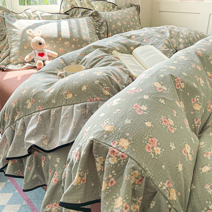 91家纺网 家纺一手货源 找家纺 海岛哥哥 2025新款韩式ins风黑边花边木棉双层纱四件套（有买家秀） 黑花边-玫瑰花海-墨绿