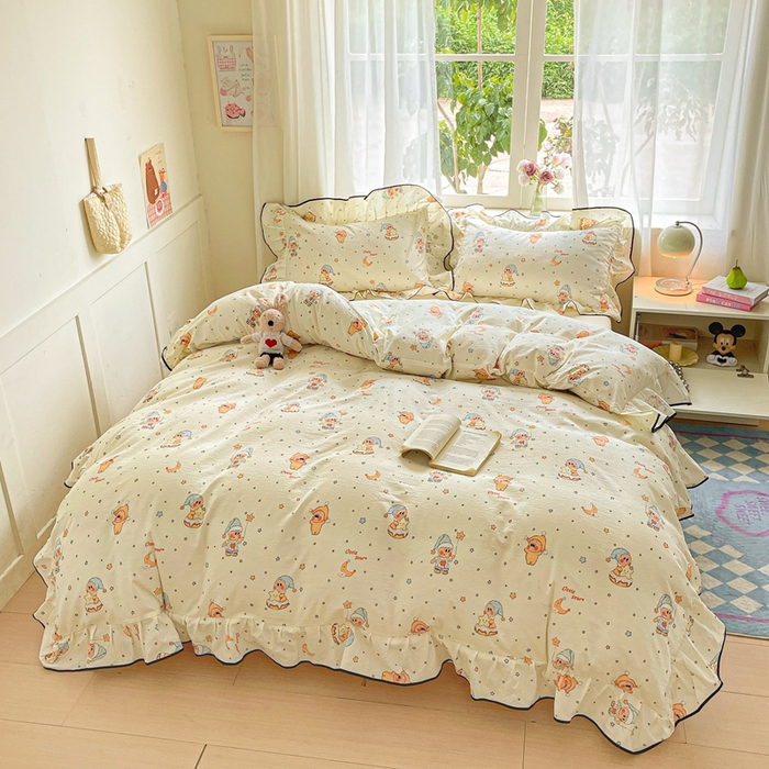 91家纺网 家纺一手货源 找家纺 海岛哥哥 2025新款韩式ins风黑边花边木棉双层纱四件套（有买家秀） 黑花边-萌萌星星人-黄