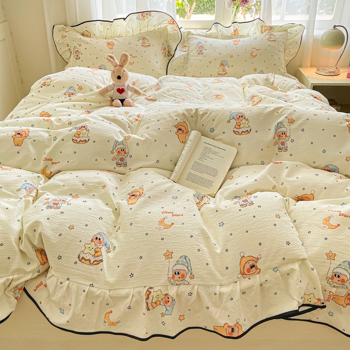 91家纺网 家纺一手货源 找家纺 海岛哥哥 2025新款韩式ins风黑边花边木棉双层纱四件套（有买家秀） 黑花边-萌萌星星人-黄