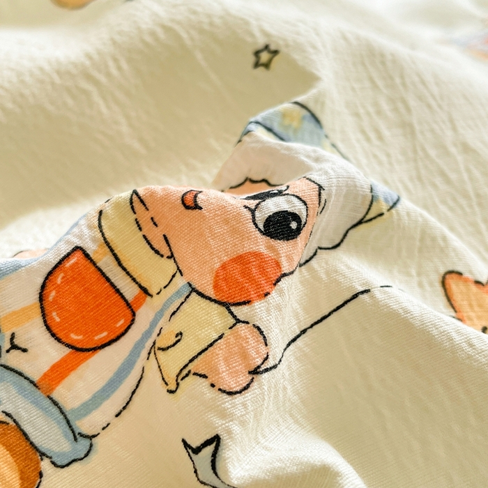 91家纺网 家纺一手货源 找家纺 海岛哥哥 2025新款韩式ins风黑边花边木棉双层纱四件套（有买家秀） 黑花边-萌萌星星人-黄