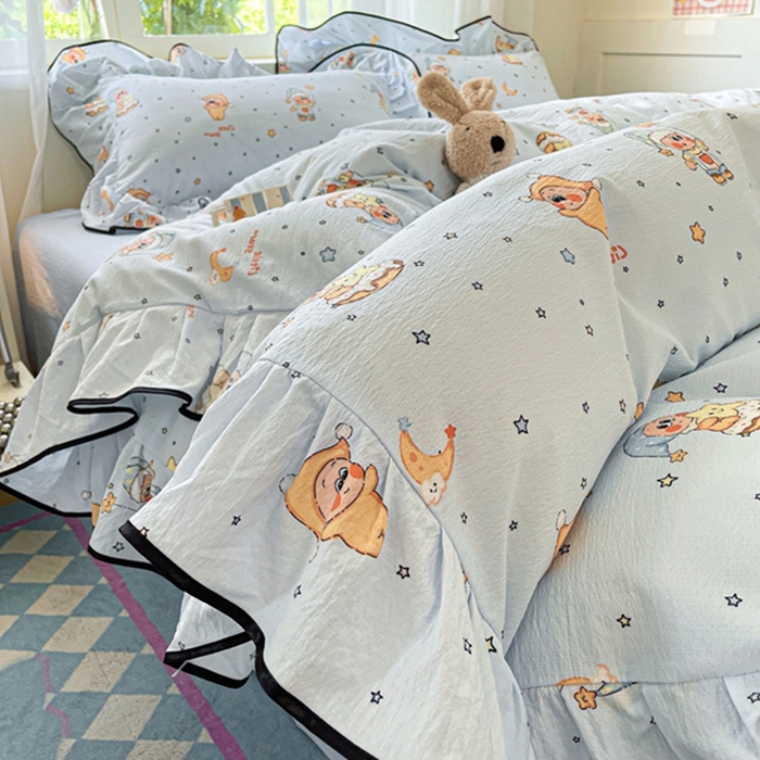 海岛哥哥 2025新款韩式ins风黑边花边木棉双层纱四件套（有买家秀） 黑花边-萌萌星星人-蓝