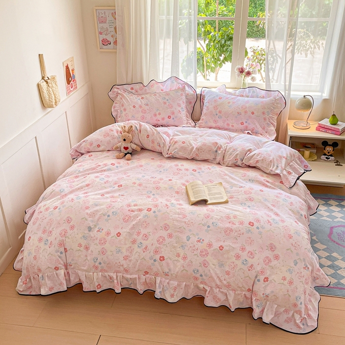 91家纺网 家纺一手货源 找家纺 海岛哥哥 2025新款韩式ins风黑边花边木棉双层纱四件套（有买家秀） 黑花边-花梦源-粉