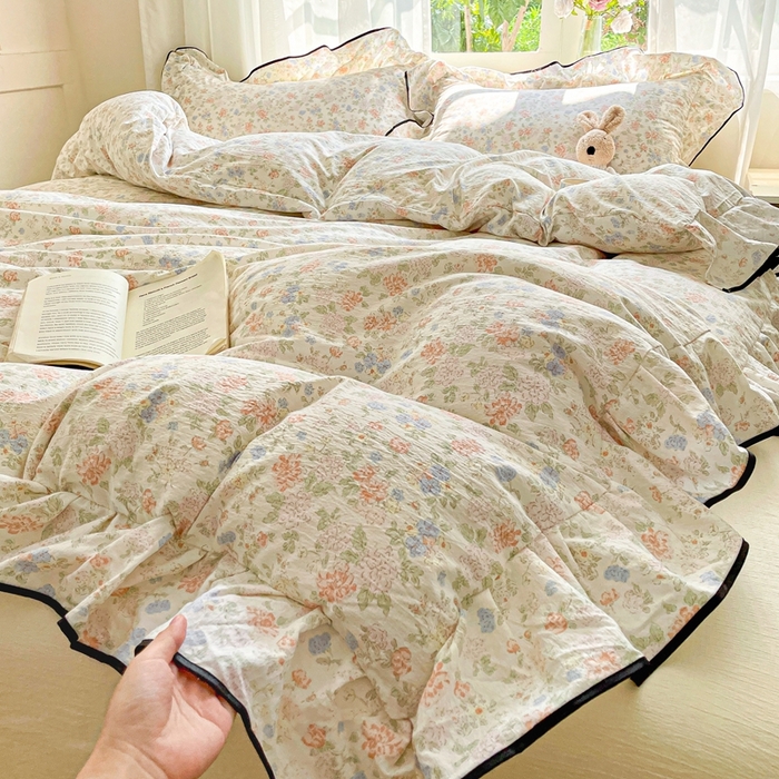 91家纺网 家纺一手货源 找家纺 海岛哥哥 2025新款韩式ins风黑边花边木棉双层纱四件套（有买家秀） 黑花边-芍药-米