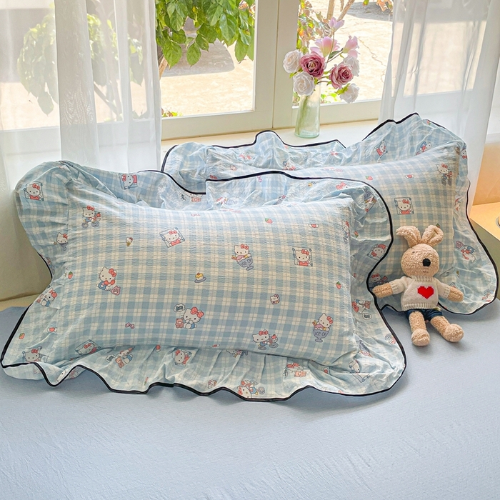 91家纺网 家纺一手货源 找家纺 海岛哥哥 2025新款韩式ins风黑边花边木棉双层纱四件套（有买家秀） 黑花边-甜蜜电话-蓝