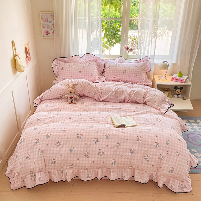 91家纺网 家纺一手货源 找家纺 海岛哥哥 2025新款韩式ins风黑边花边木棉双层纱四件套（有买家秀） 黑花边-甜蜜电话-粉