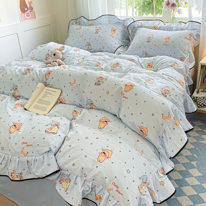 91家纺网 家纺一手货源 找家纺 海岛哥哥 2025新款韩式ins风黑边花边木棉双层纱四件套（有买家秀） 黑花边-萌萌星星人-蓝