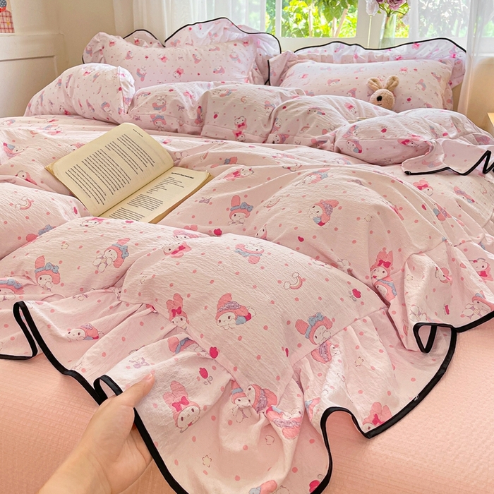 91家纺网 家纺一手货源 找家纺 海岛哥哥 2025新款韩式ins风黑边花边木棉双层纱四件套（有买家秀） 黑花边-顽皮乐乐