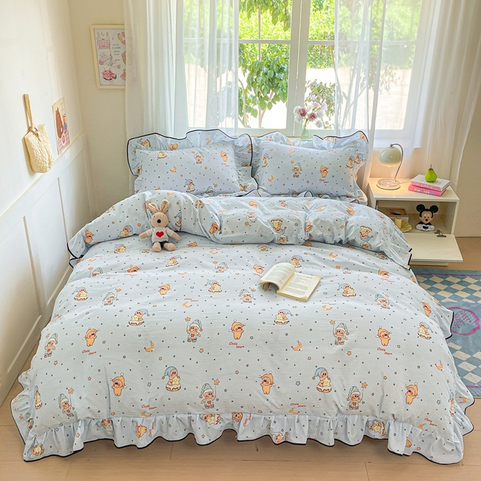 91家纺网 家纺一手货源 找家纺 海岛哥哥 2025新款韩式ins风黑边花边木棉双层纱四件套（有买家秀） 黑花边-萌萌星星人-蓝