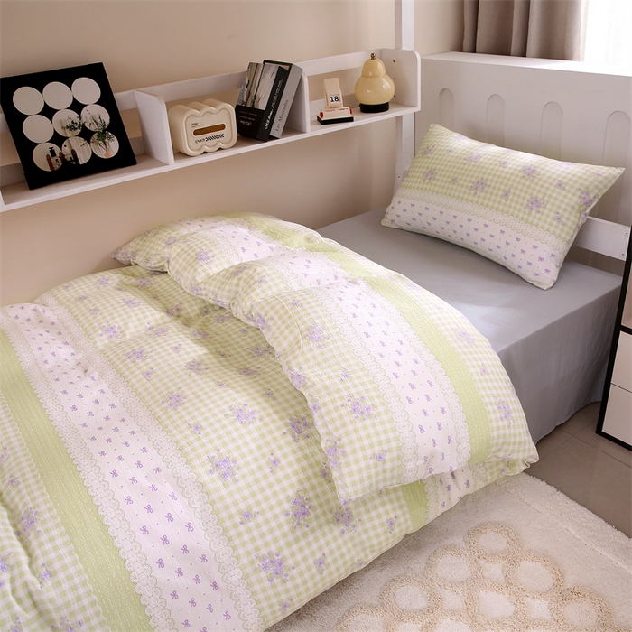 91家纺网 家纺一手货源 找家纺 梵克保罗 2025春夏新款双层纱学生宿舍床单款三件套六件套大礼包学生季 绿色心情