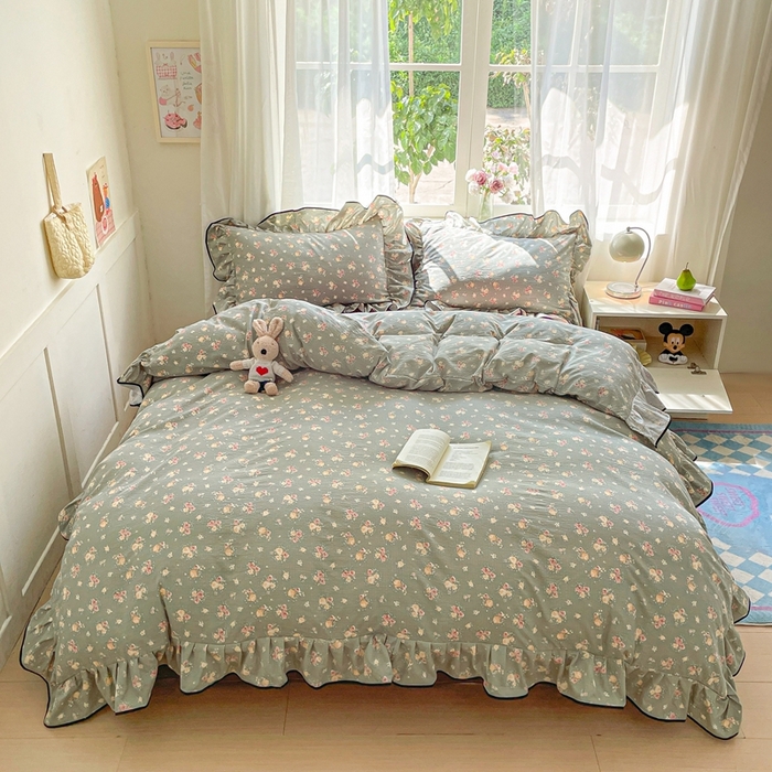 91家纺网 家纺一手货源 找家纺 海岛哥哥 2025新款韩式ins风黑边花边木棉双层纱四件套（有买家秀） 黑花边-玫瑰花海-墨绿