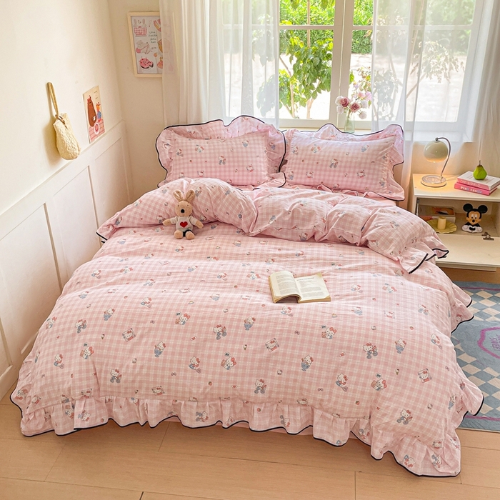 91家纺网 家纺一手货源 找家纺 海岛哥哥 2025新款韩式ins风黑边花边木棉双层纱四件套（有买家秀） 黑花边-甜蜜电话-粉