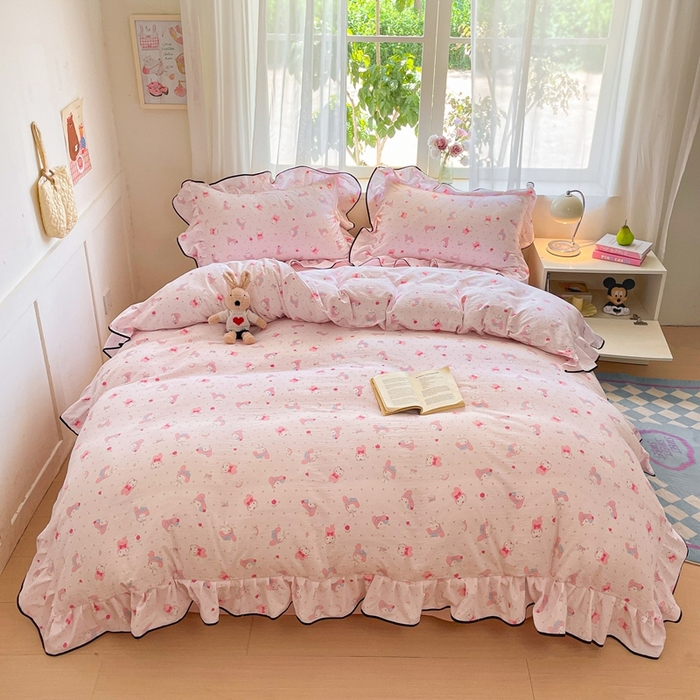 91家纺网 家纺一手货源 找家纺 海岛哥哥 2025新款韩式ins风黑边花边木棉双层纱四件套（有买家秀） 黑花边-顽皮乐乐