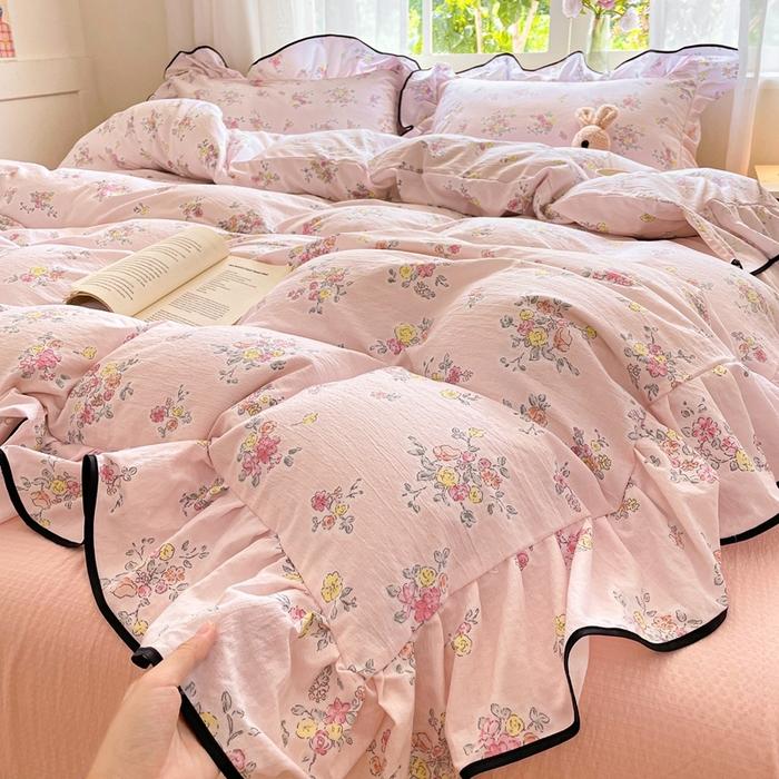 91家纺网 家纺一手货源 找家纺 海岛哥哥 2025新款韩式ins风黑边花边木棉双层纱四件套（有买家秀） 黑花边-甜心香草