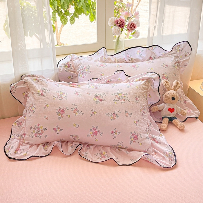 91家纺网 家纺一手货源 找家纺 海岛哥哥 2025新款韩式ins风黑边花边木棉双层纱四件套（有买家秀） 黑花边-甜心香草