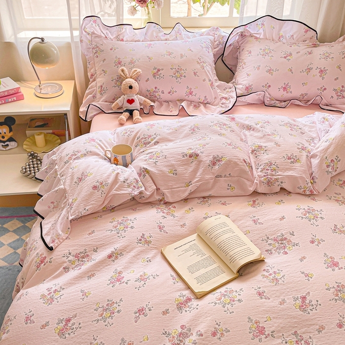 91家纺网 家纺一手货源 找家纺 海岛哥哥 2025新款韩式ins风黑边花边木棉双层纱四件套（有买家秀） 黑花边-甜心香草