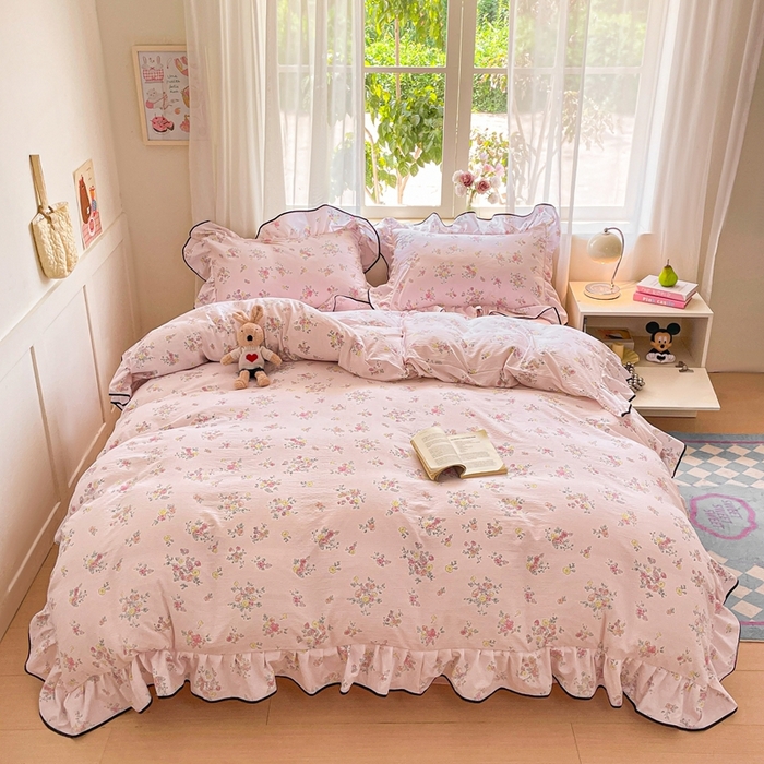 91家纺网 家纺一手货源 找家纺 海岛哥哥 2025新款韩式ins风黑边花边木棉双层纱四件套（有买家秀） 黑花边-甜心香草