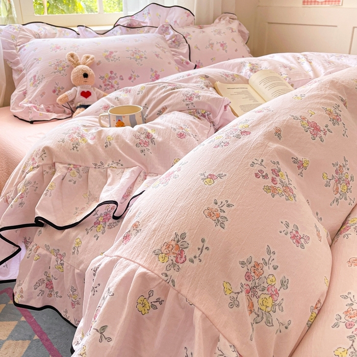 91家纺网 家纺一手货源 找家纺 海岛哥哥 2025新款韩式ins风黑边花边木棉双层纱四件套（有买家秀） 黑花边-甜心香草