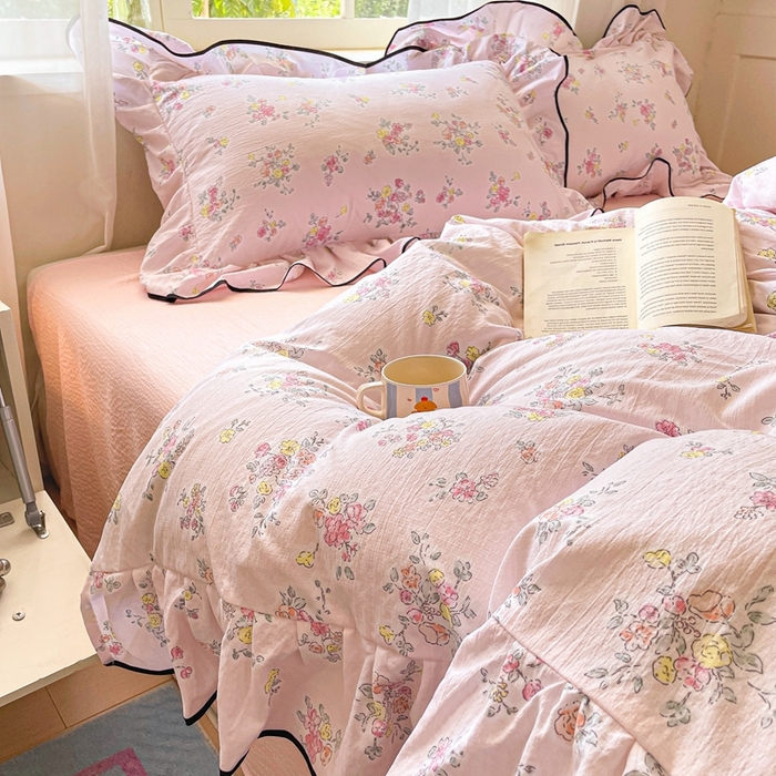 91家纺网 家纺一手货源 找家纺 海岛哥哥 2025新款韩式ins风黑边花边木棉双层纱四件套（有买家秀） 黑花边-甜心香草