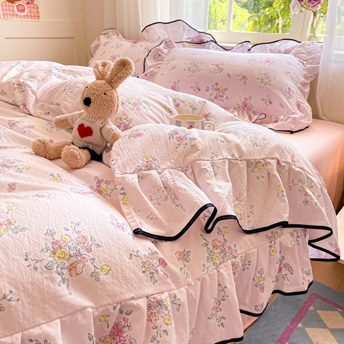 91家纺网 家纺一手货源 找家纺 海岛哥哥 2025新款韩式ins风黑边花边木棉双层纱四件套（有买家秀） 黑花边-甜心香草