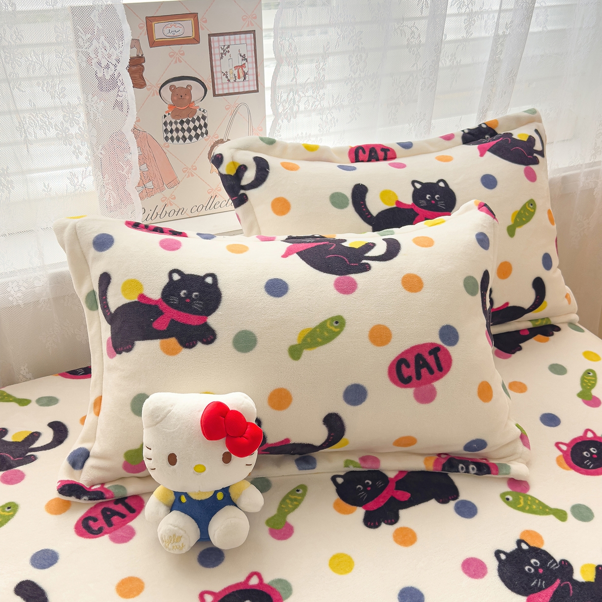 91家纺网 家纺一手货源 找家纺 久云居 2025新款高克重牛奶绒床笠 波点黑猫