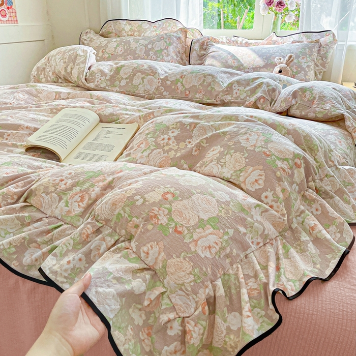 91家纺网 家纺一手货源 找家纺 海岛哥哥 2025新款韩式ins风黑边花边木棉双层纱四件套（有买家秀） 黑花边-牡丹