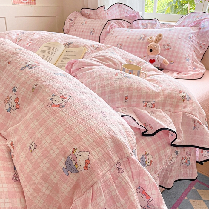 91家纺网 家纺一手货源 找家纺 海岛哥哥 2025新款韩式ins风黑边花边木棉双层纱四件套（有买家秀） 黑花边-甜蜜电话-粉