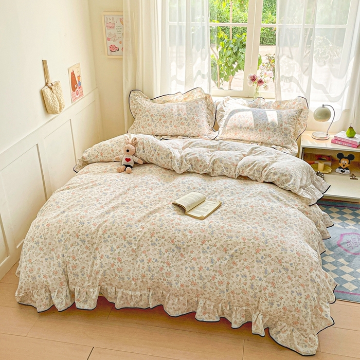 91家纺网 家纺一手货源 找家纺 海岛哥哥 2025新款韩式ins风黑边花边木棉双层纱四件套（有买家秀） 黑花边-芍药-米